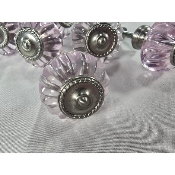 Set of 8 Pink Glass Cabinet Knobs Drawer Pulls Silver Tone Hardware Shabby Chic - Picture 2 of 3